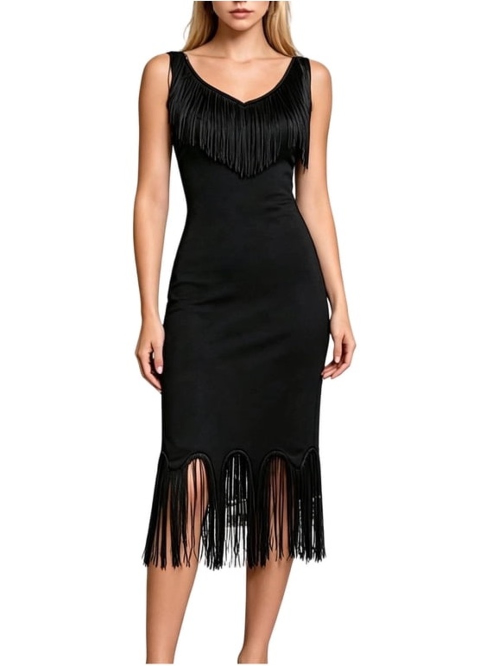 NEW Black Fringe Midi Dress - Sleek V-Neck Sleeveless Tassel Dress Size L